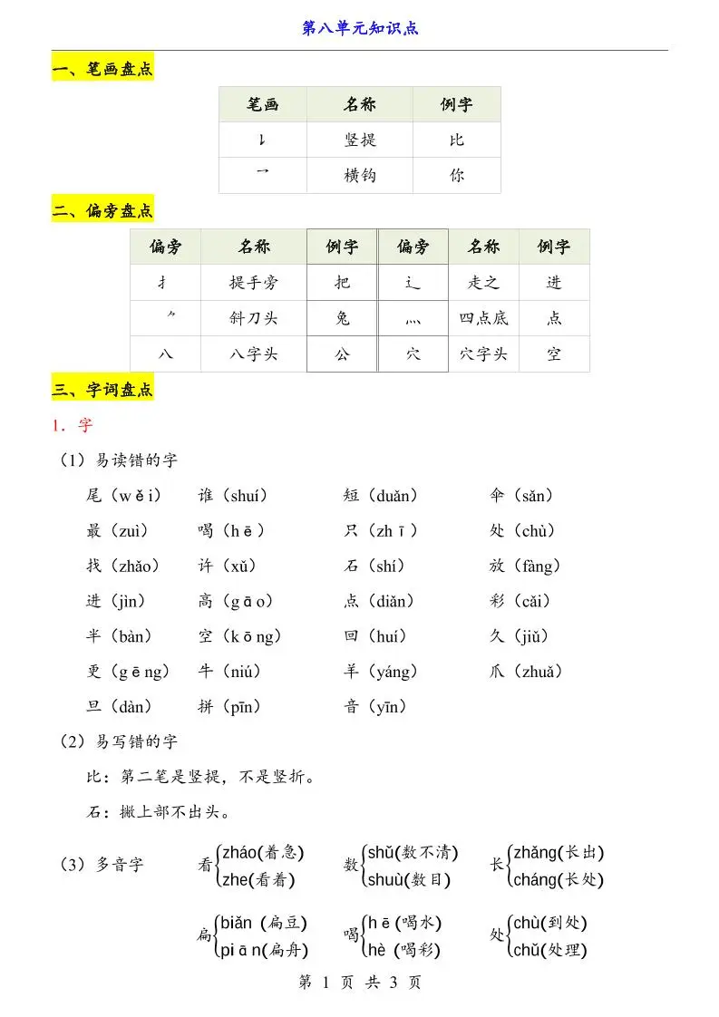 第8单元（知识点）一上语文-方舟智库
