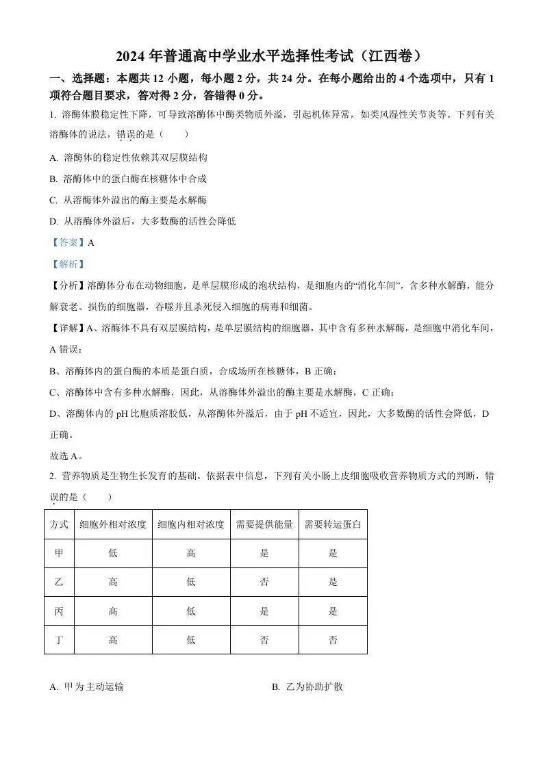 2024年高考生物试卷（江西）（含答案）-方舟智库