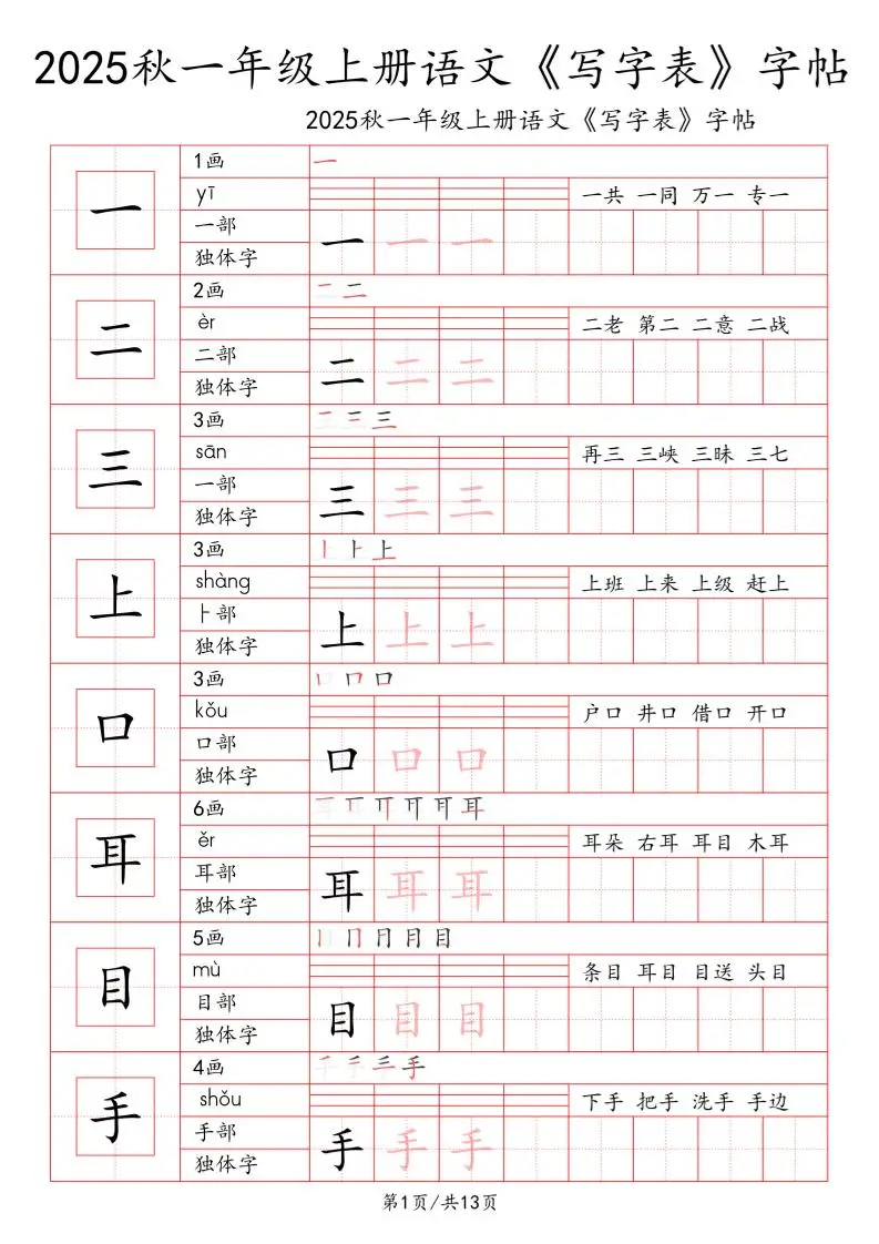 一上语文【2025秋一《写字表》一类字字帖】-方舟智库