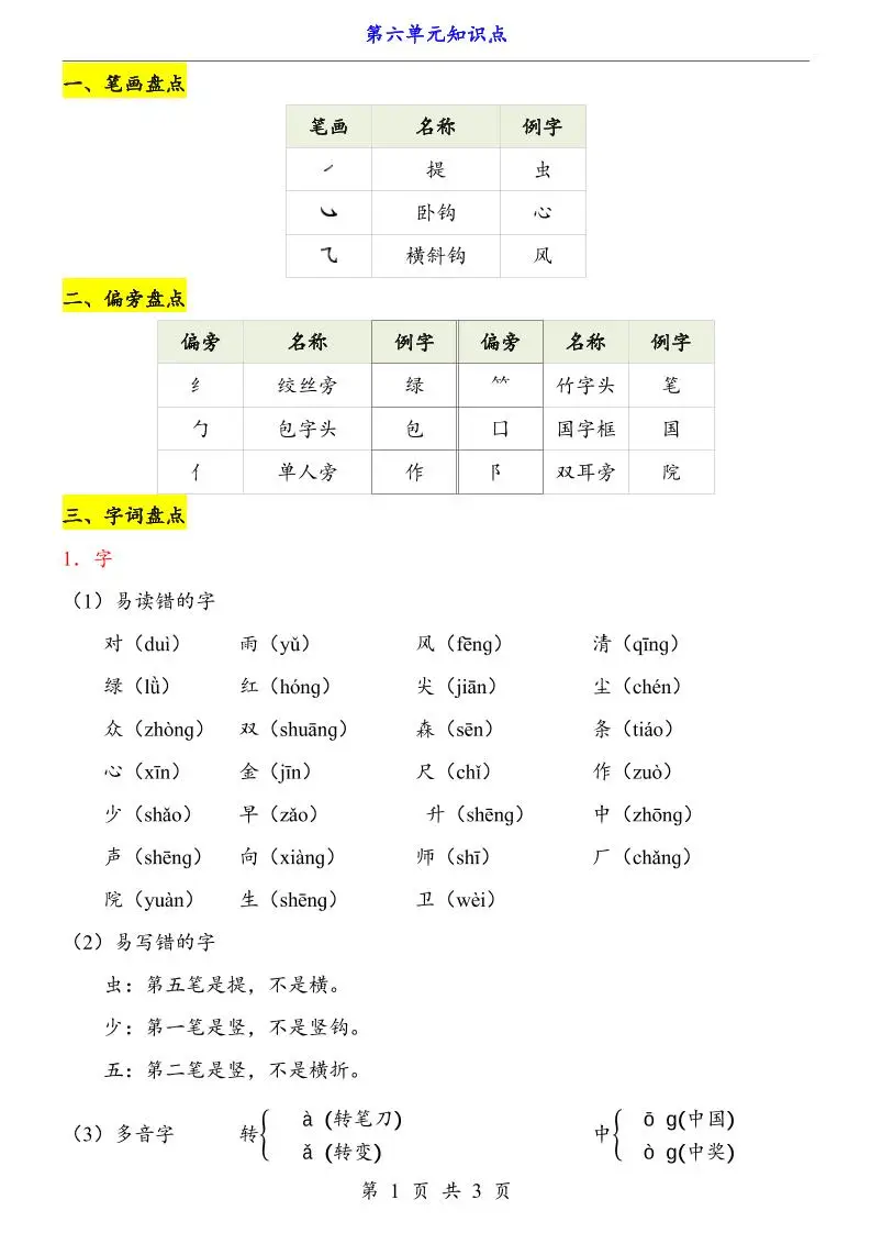 第6单元（知识点）一上语文-方舟智库