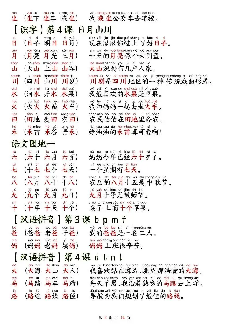2025秋新版语文一年级-生字拼音组词造句.