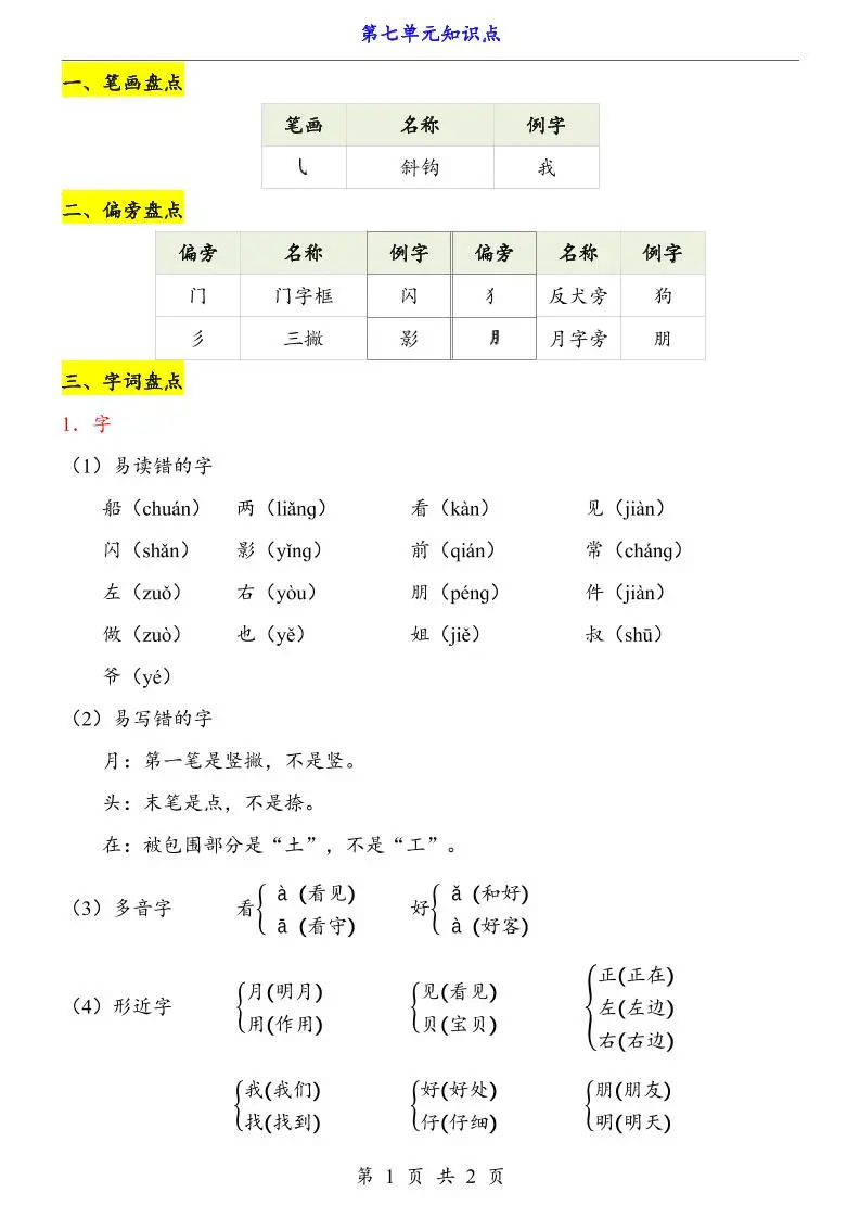 第7单元（知识点）一上语文-方舟智库
