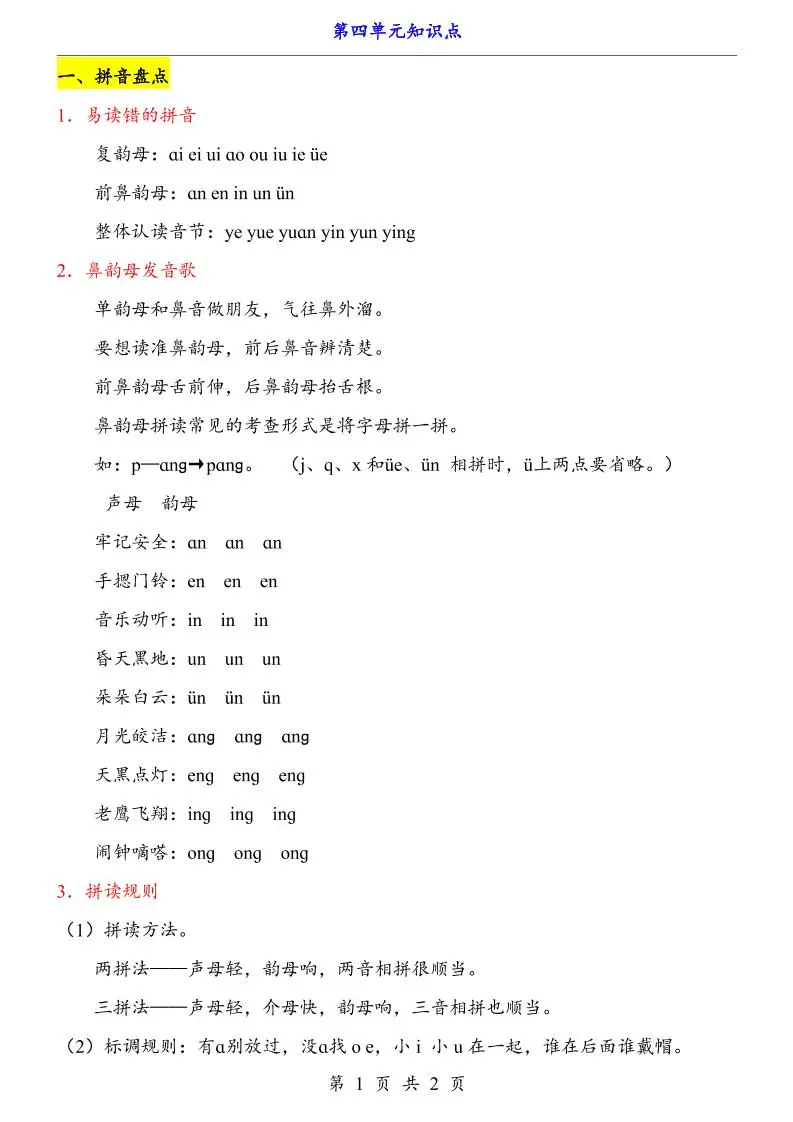 第4单元（知识点）一上语文-方舟智库