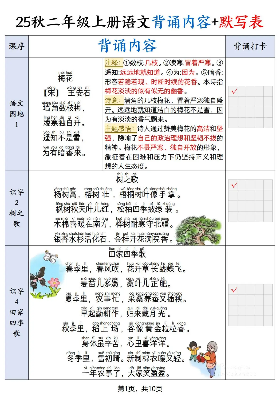 25秋二上语文暑假背诵内容+默写表（10页）-方舟智库