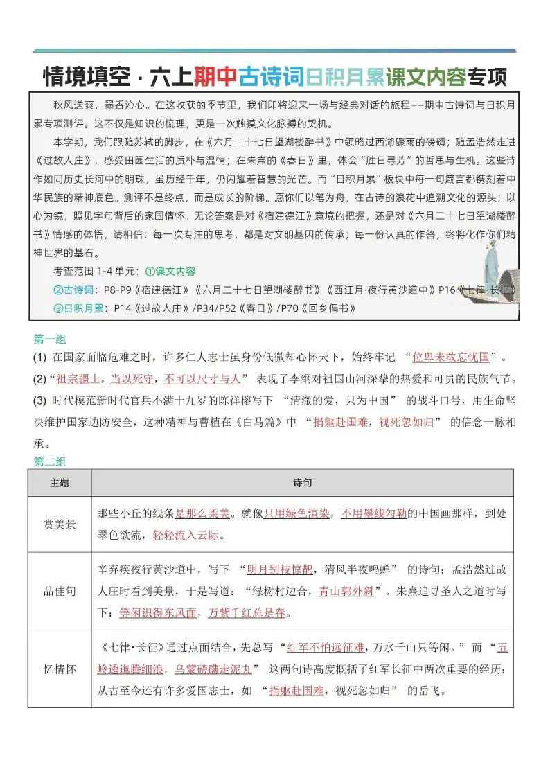 六上语文【期中情境填空·情境默写古诗词日积月累专项（答案版8页）】-方舟智库