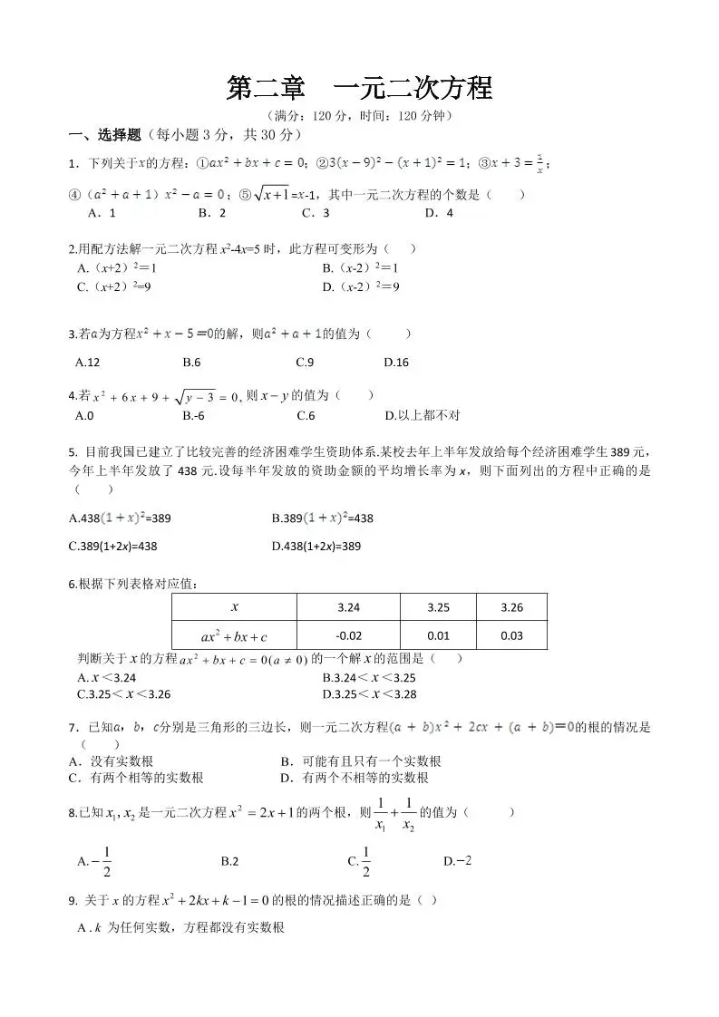 九年级上数学第二章综合练习（北师大版）-方舟智库