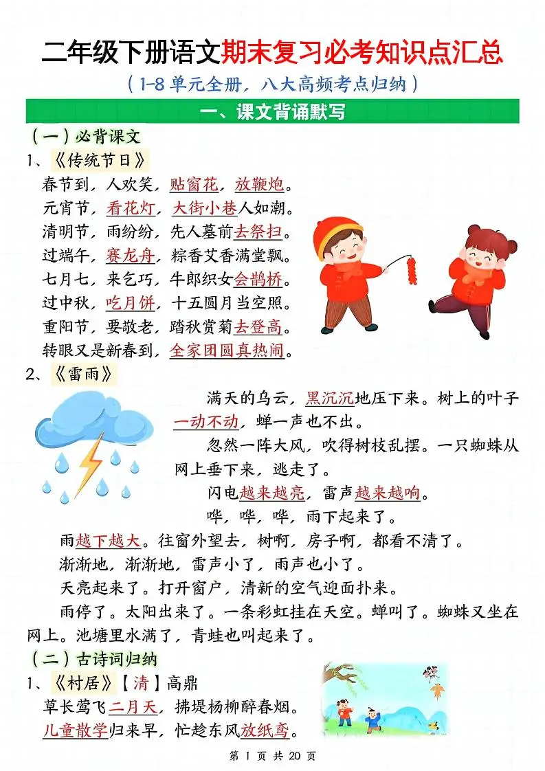二下语文期末复习全册必考知识点汇总（八大高频考点归纳）20页-方舟智库