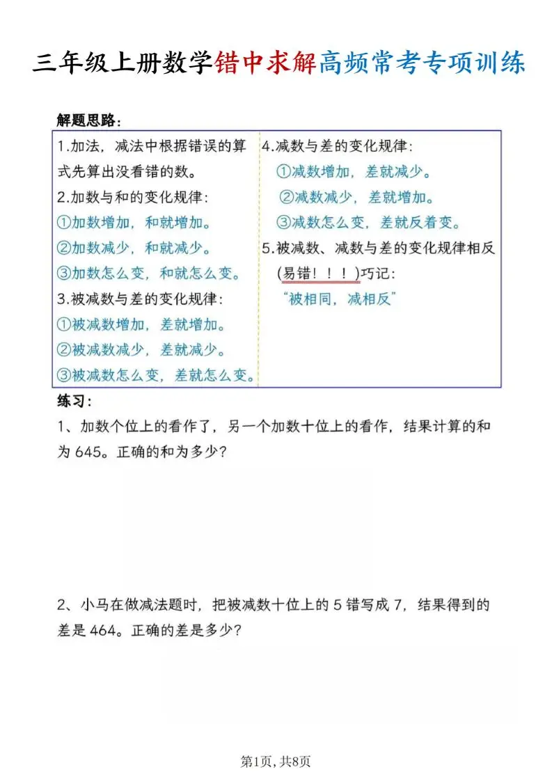 三上数学错中求解高频常考题专项训练含答案8页-方舟智库