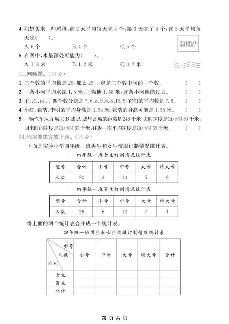 四年级上数学平均数专项检测卷《青岛54版》
