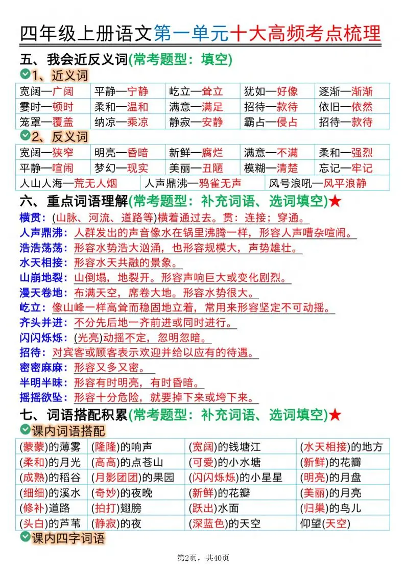 四上语文1-8单元十大高频考点梳理（40页）