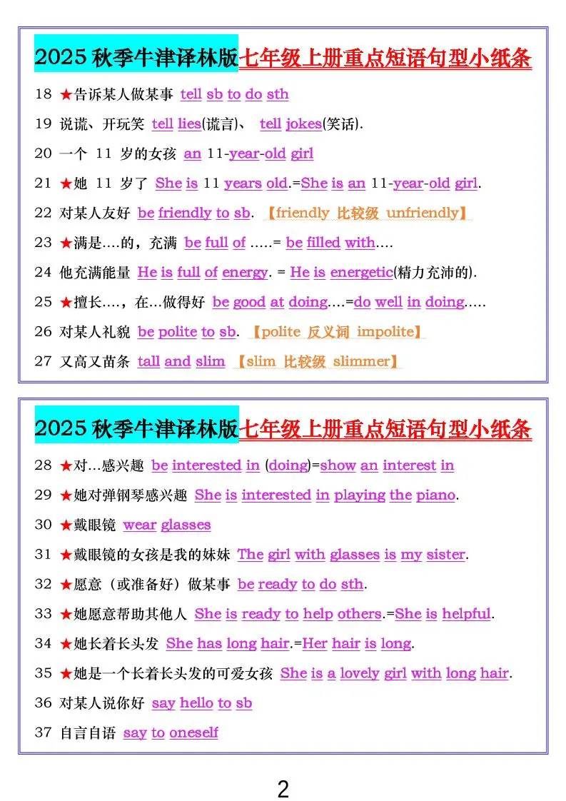 七年级上英语重点短语句型小纸条（牛津译林版）