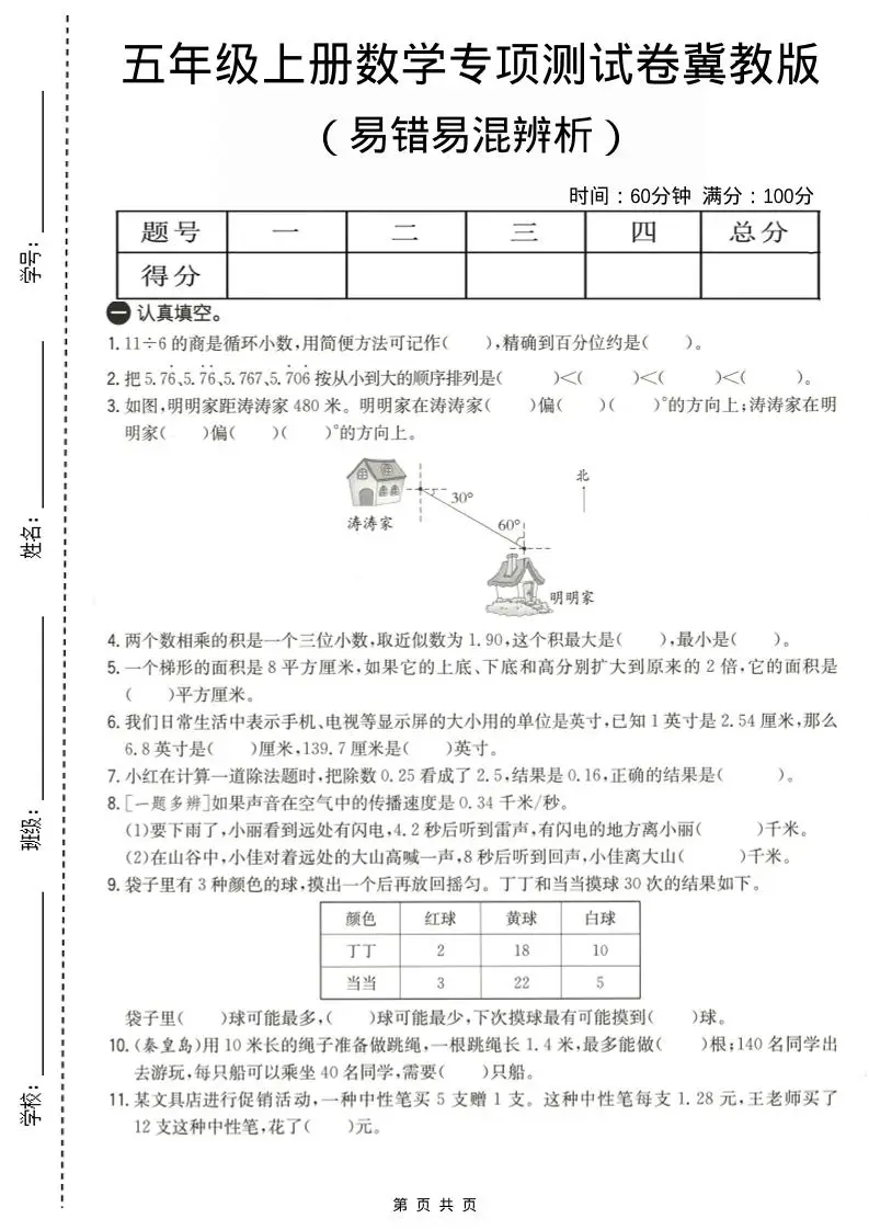 五年级上数学易错易混辩护专项测试卷《冀教版》-方舟智库