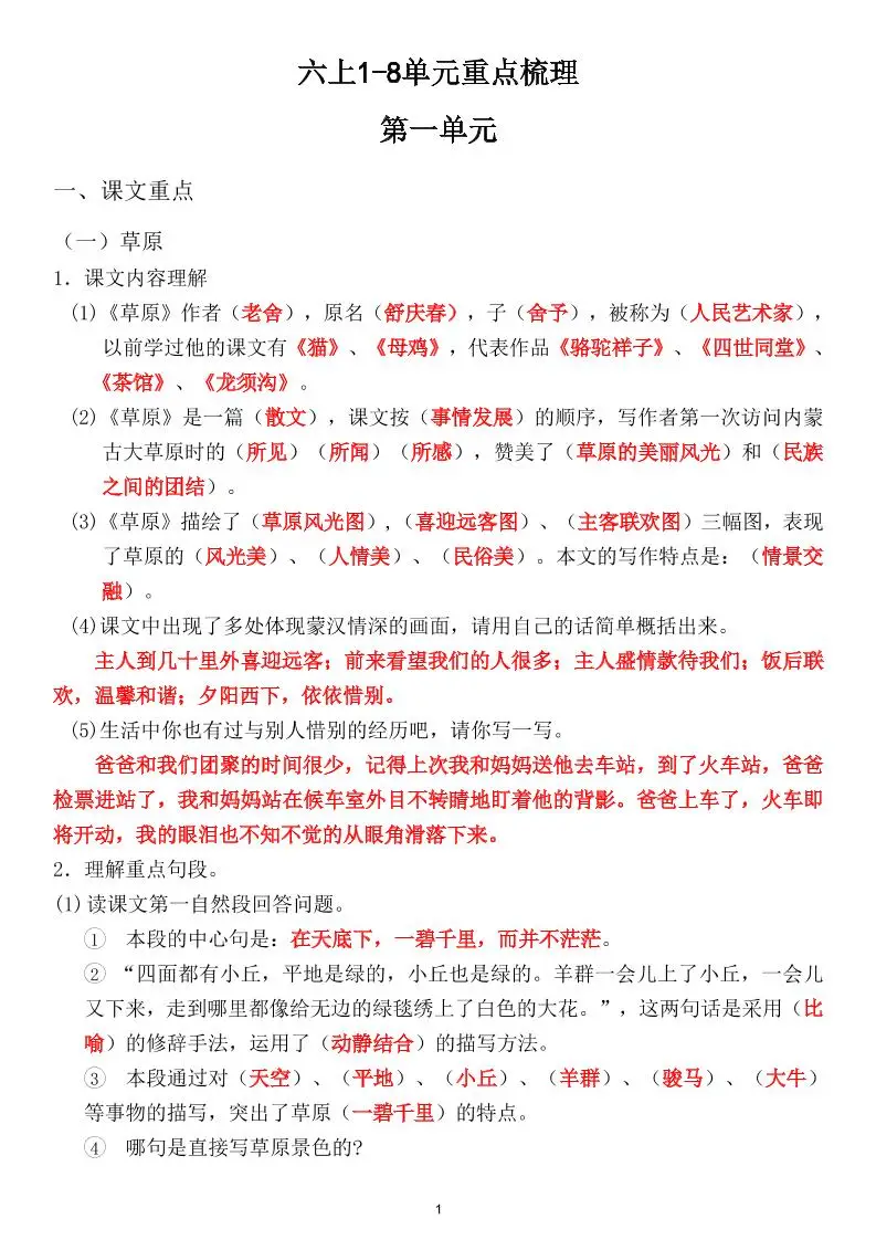 六上1-8单元重点梳理（课文重点+语文园地）-方舟智库
