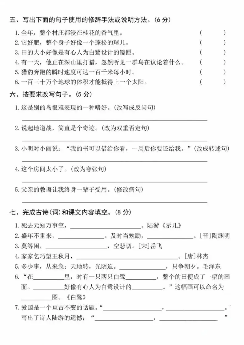 五上语文期中名校拔尖测试卷（含答案5页）