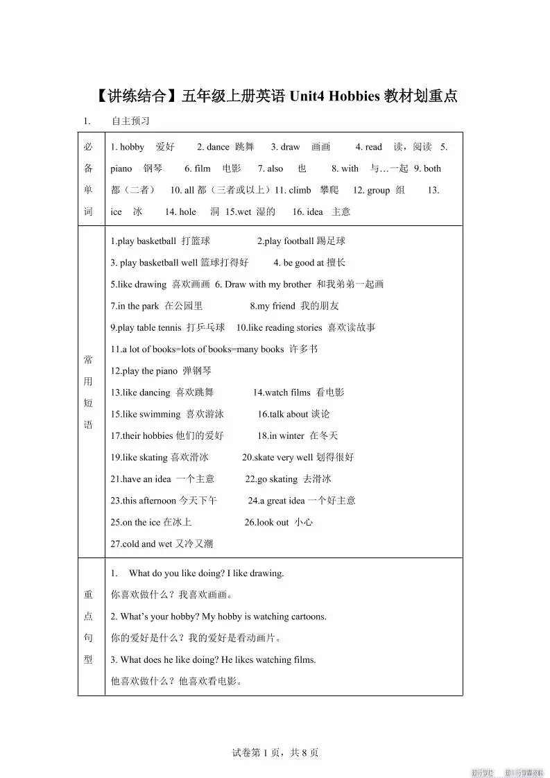 【单元热点难点】译林版（三起）英语五年级上册Unit4Hobbies教材划重点-方舟智库