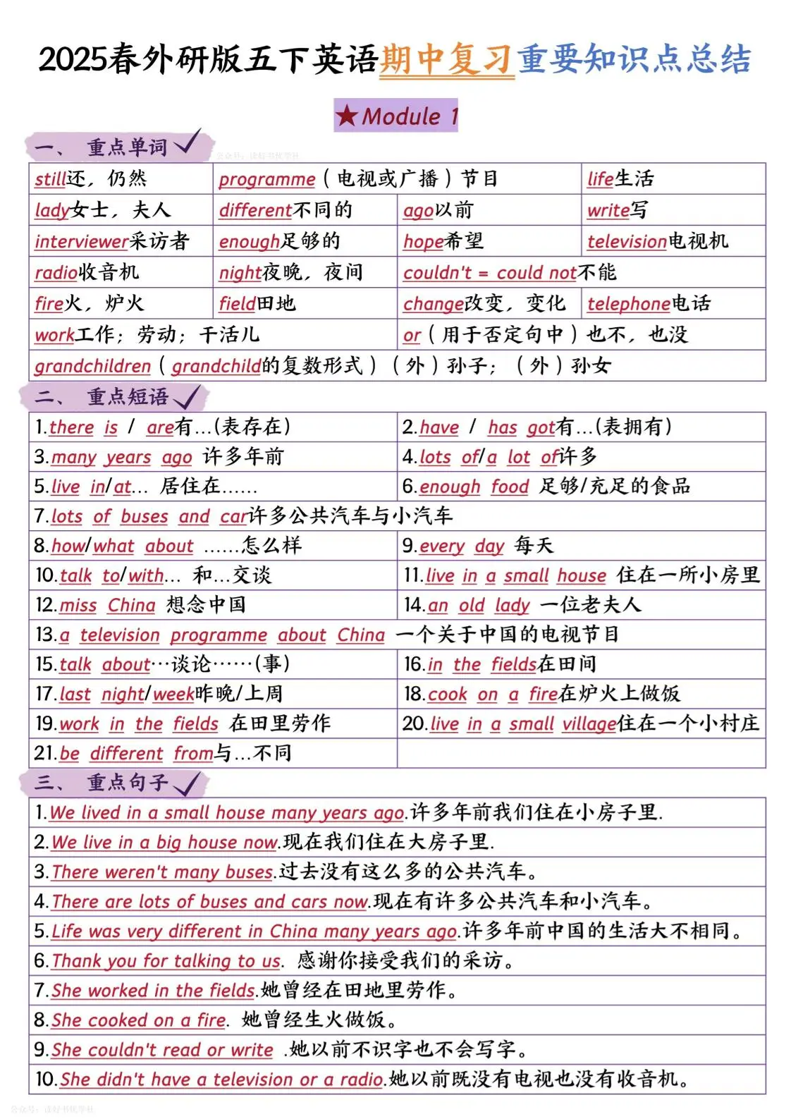 五下英语外研期中知识梳理-方舟智库