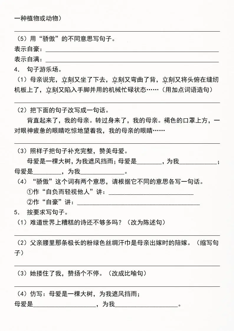 《五年级语文上册期中考点专题特训：句式转换》