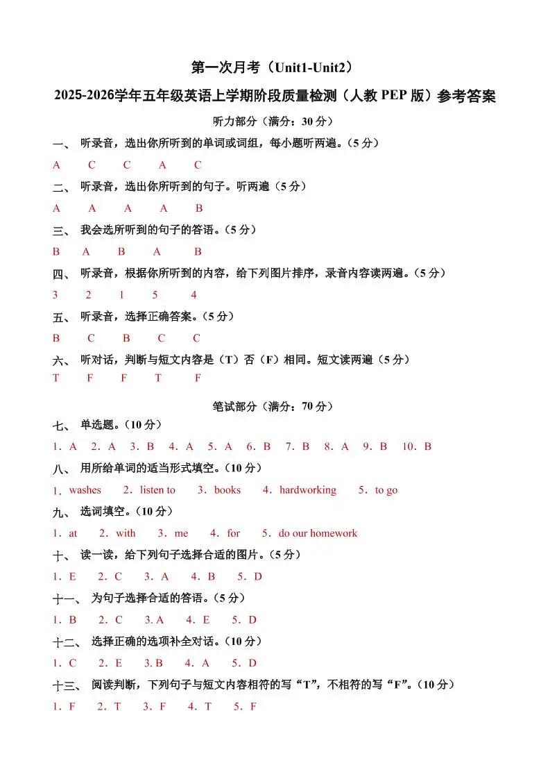 五上人教pep英语第一次月考(Unit1-Unit2)(参考答案)-方舟智库