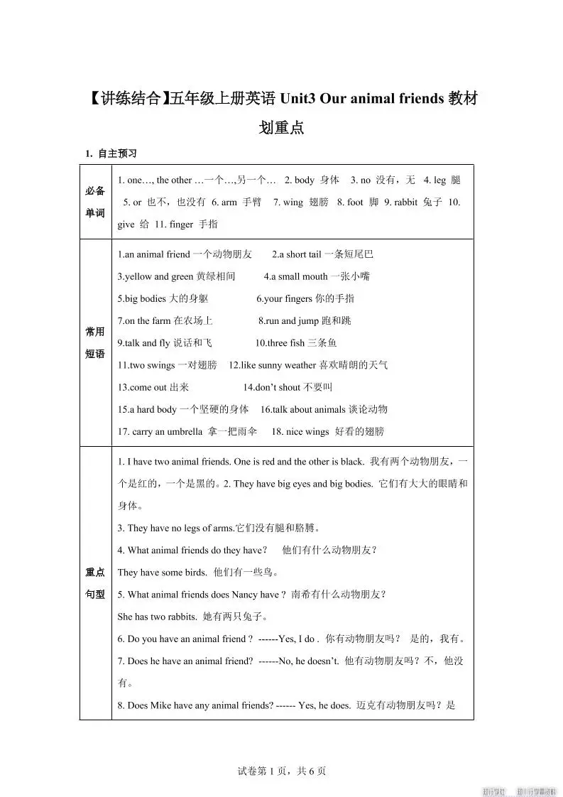 【单元热点难点】译林版（三起）英语五年级上册Unit3Ouranimalfriends教材划重点-方舟智库