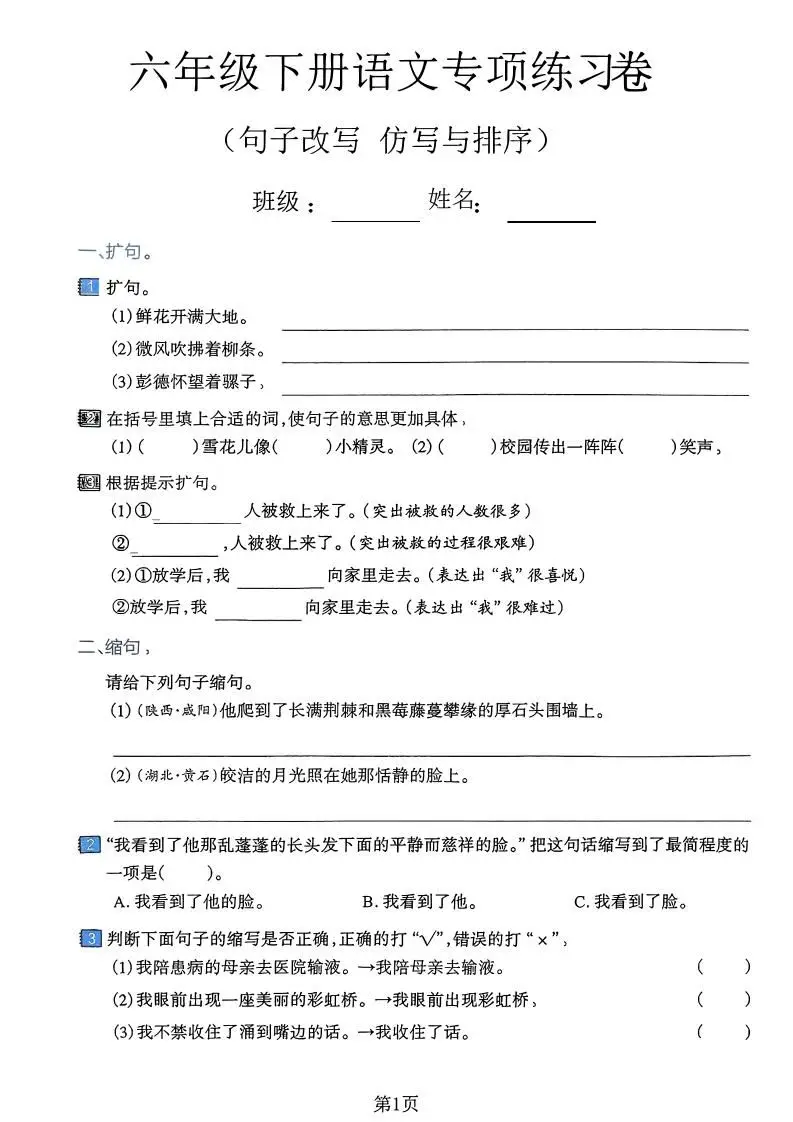 六下语文句子改写仿写与排序专项练习卷-方舟智库