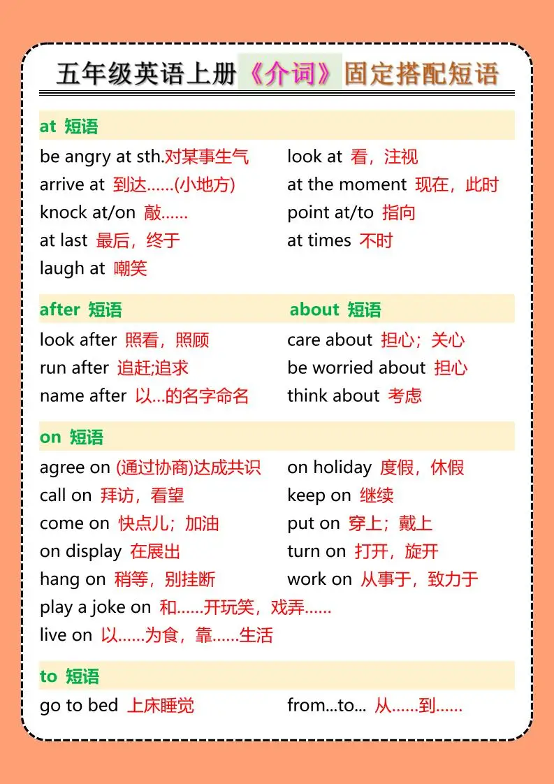 五年级英语上册《介词》固定搭配短语-方舟智库