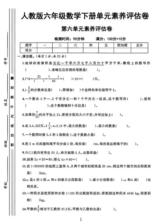 六年级下数学第六单元素养评估卷-方舟智库