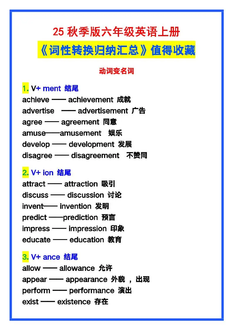 【2025秋新版】六年级英语上册《词性转换归纳汇总》，值得收藏！-方舟智库