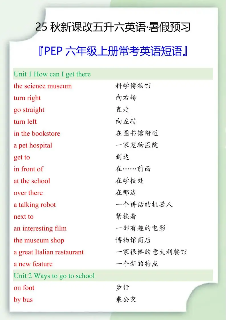 【2025秋新版】六年级上册常考英语短语-方舟智库