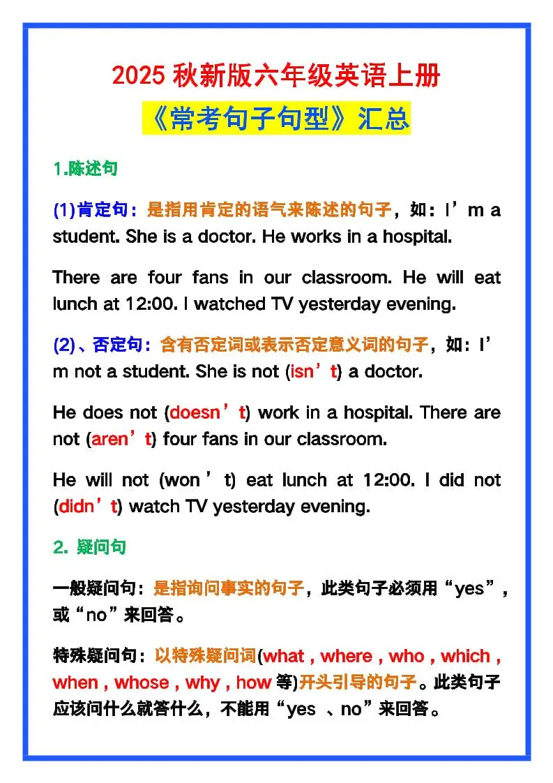 【2025秋新版】六年级英语上册《常考句子句型》汇总，学习巩固必备！-方舟智库