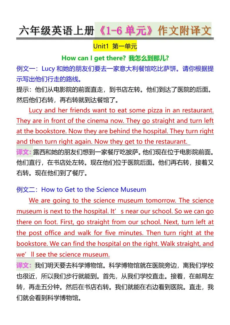六年级英语上册《1-6单元》作文附译文-方舟智库