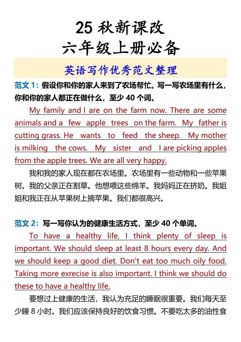 【2025秋新版】六年级上册必备英语写作优秀范文整理-方舟智库