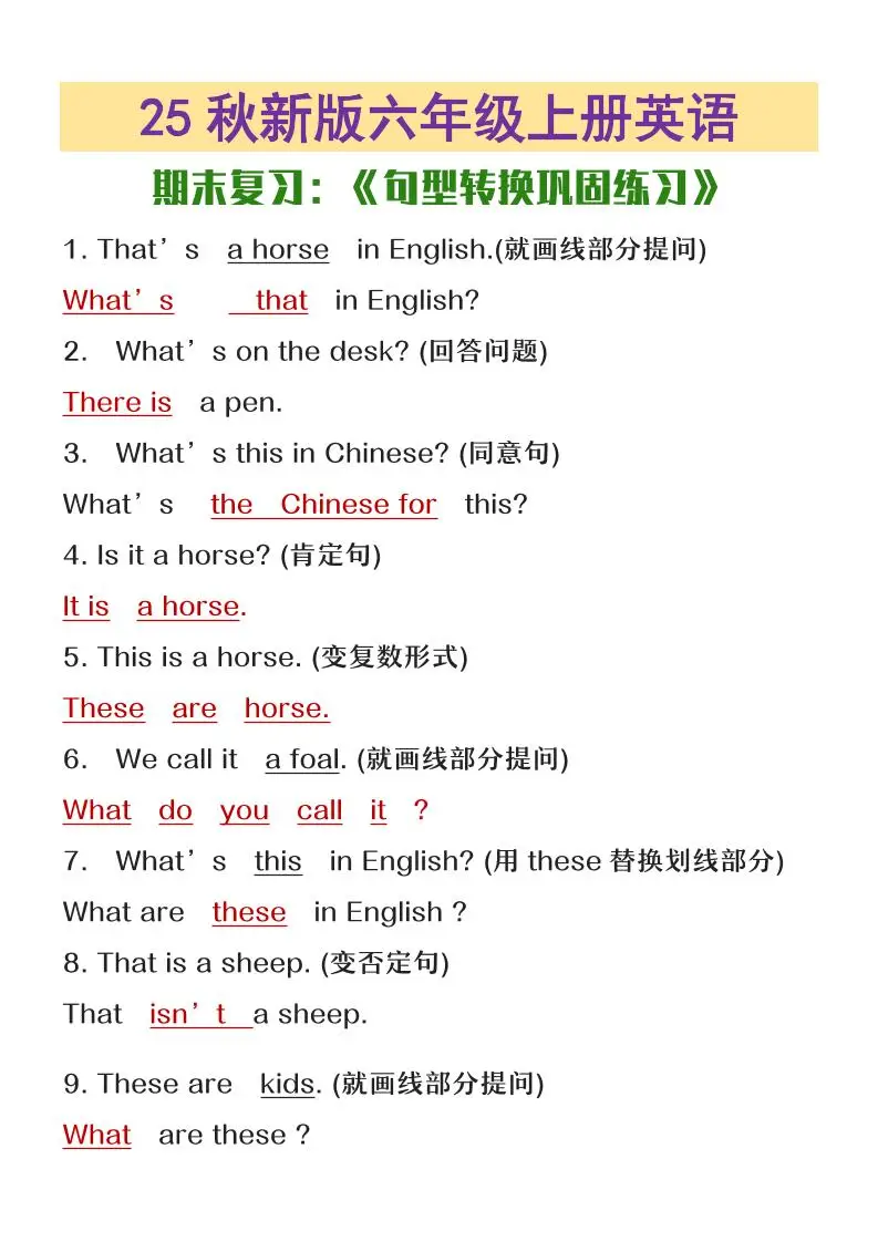 【2025秋新版】六年级上册英语期末复习句型转换巩固练习-方舟智库