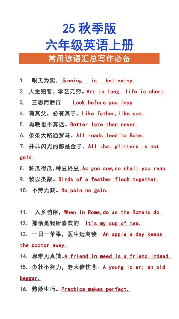【2025秋新版】六年级上册英语常用谚语汇总写作必备-方舟智库