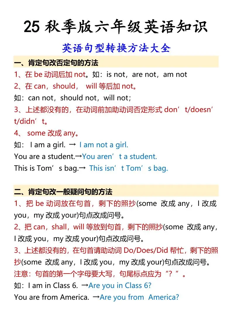 【2025秋新版】六年级上册英语英语句型转换方法大全-方舟智库