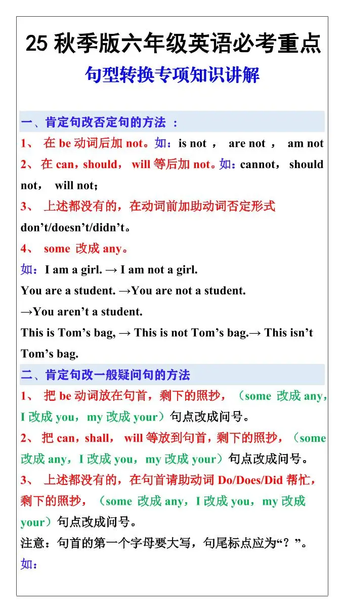 【2025秋新版】六年级英语必考重点：句型转换专项知识讲解-六上英语-方舟智库