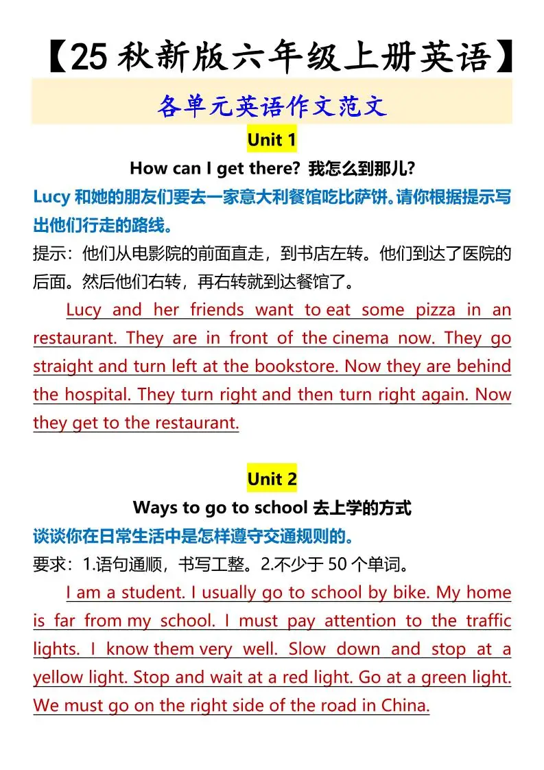 【2025秋新版】【六年级上册英语】各单元英语作文范文-方舟智库