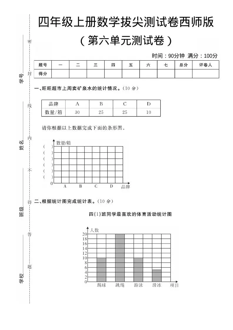 四年级上数学第六单元拔尖测试卷《西师版》-方舟智库