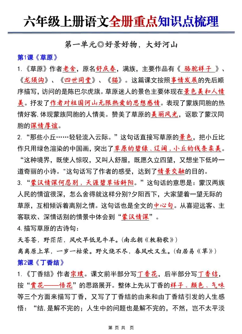 六上语文【25秋-全册重点知识点梳理（空白+答案）】-方舟智库