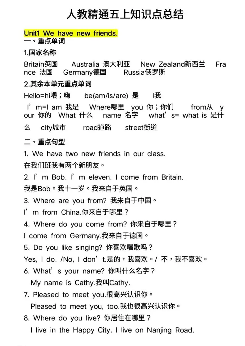 人教精通五上英语知识点总结-方舟智库