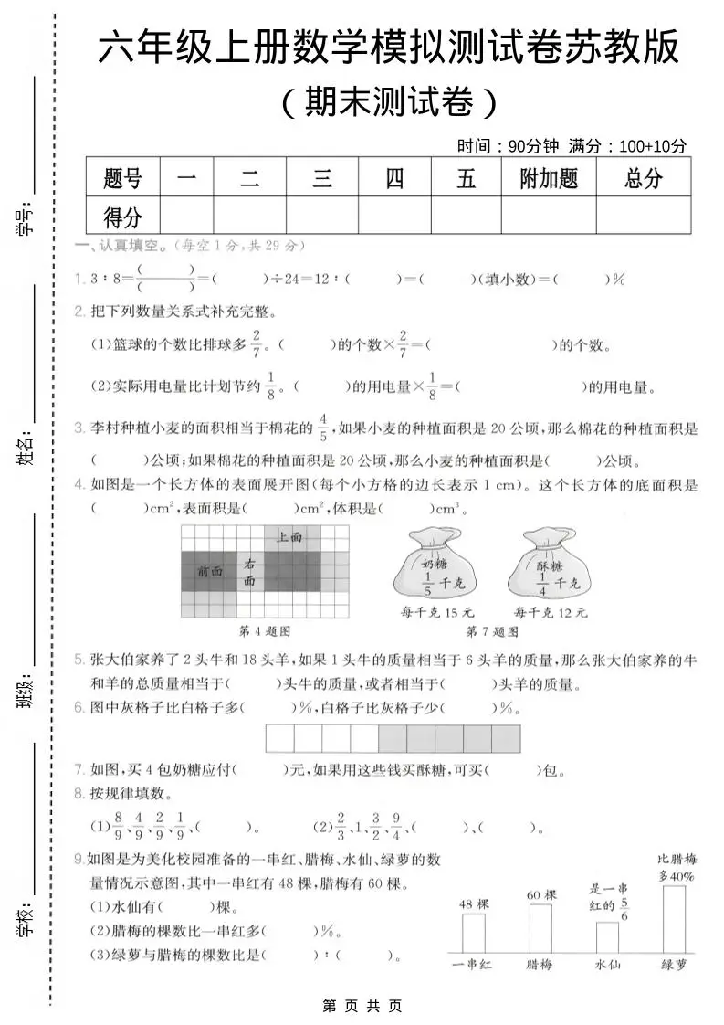 六年级上数学期末模拟测试卷8《苏教版》-方舟智库