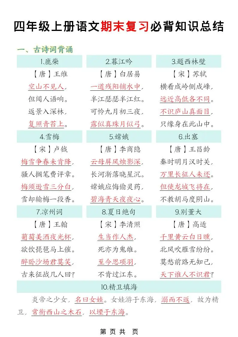 四年级上语文期末复习必背知识总结-方舟智库