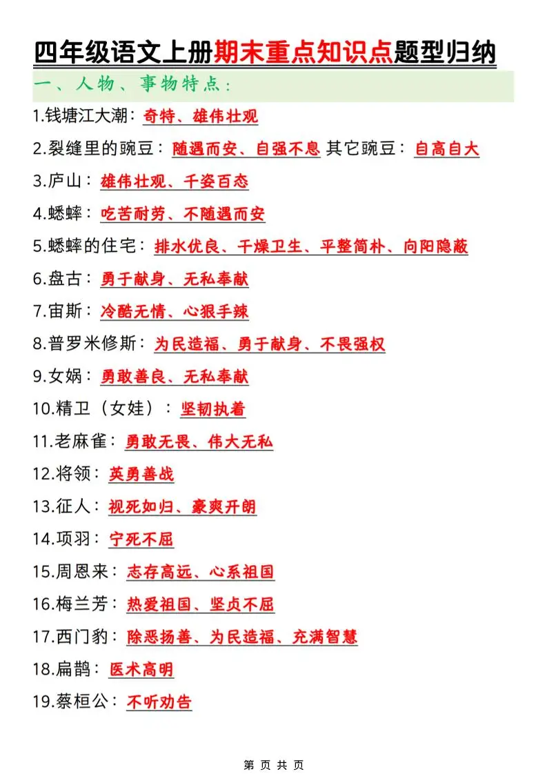 四年级上语文期末重点知识点题型归纳-方舟智库