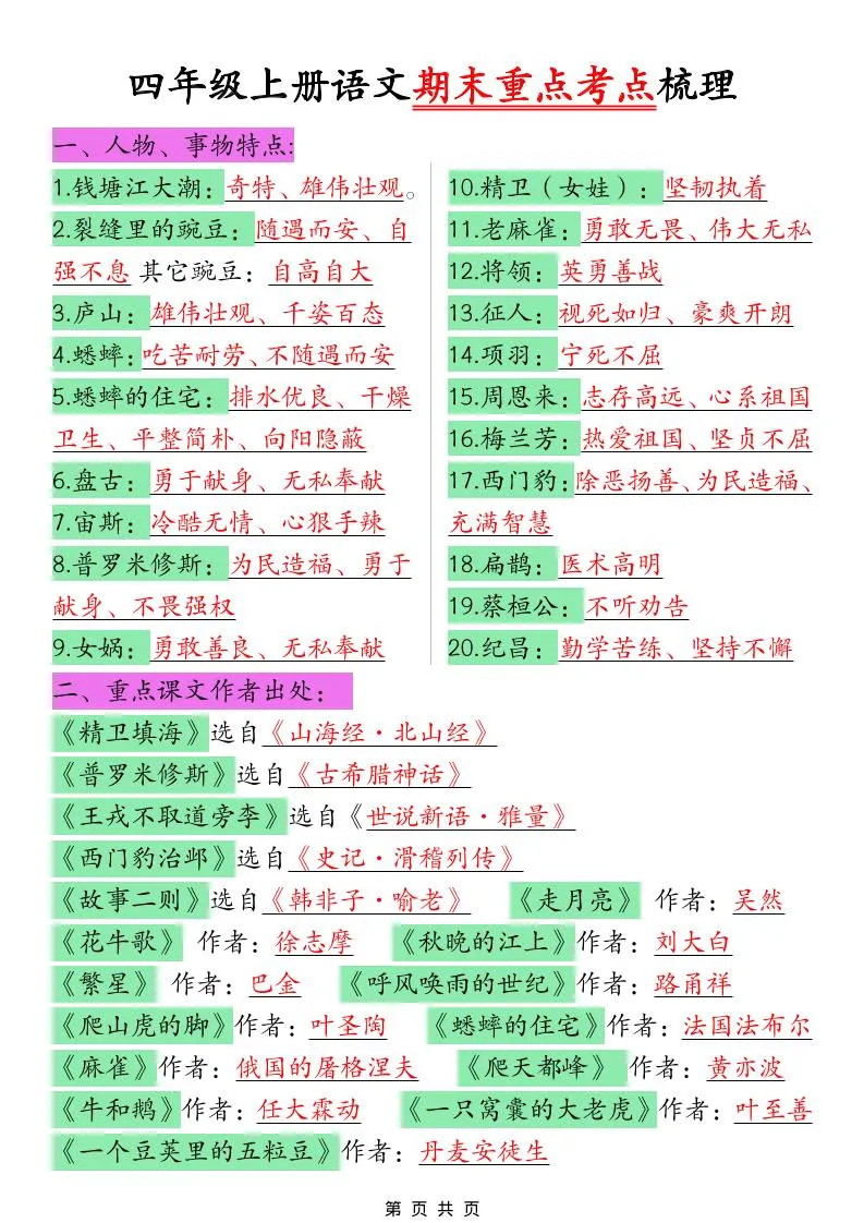 四年级上语文期末重点考点梳理-方舟智库
