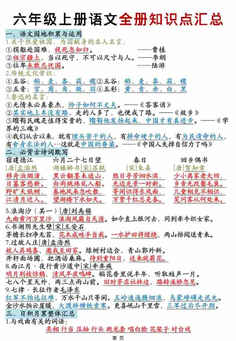 六年级上语文全册知识点汇总-方舟智库