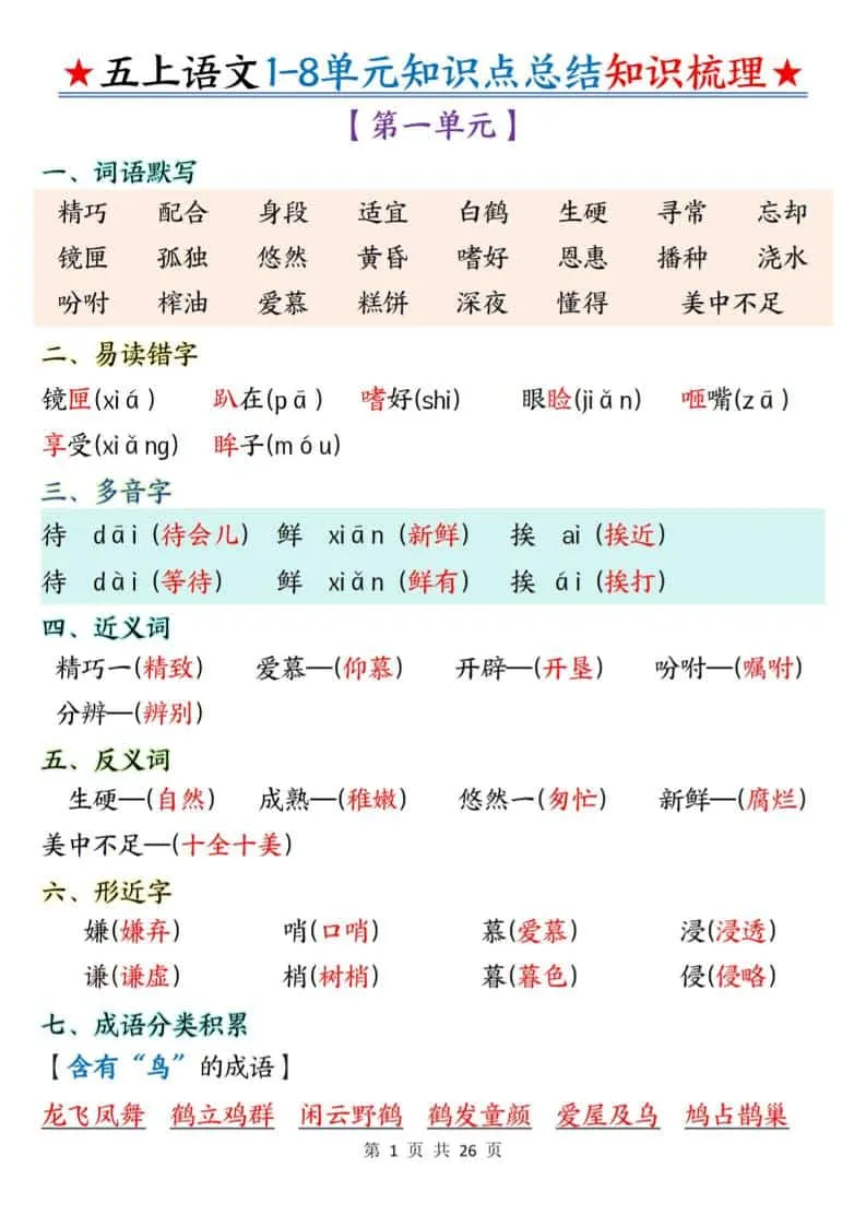 五年级上语文1-8单元知识点总结知识梳理-方舟智库