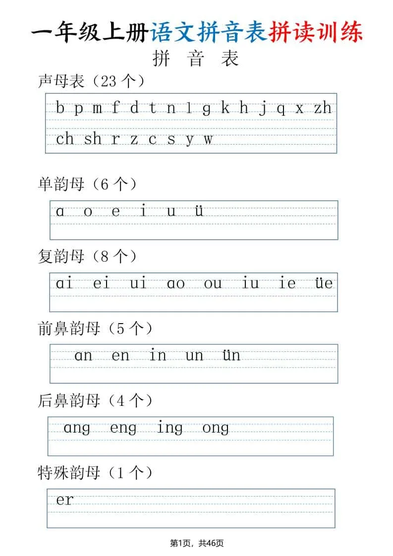 一年级上语文拼读表拼读训练（全46页）-方舟智库