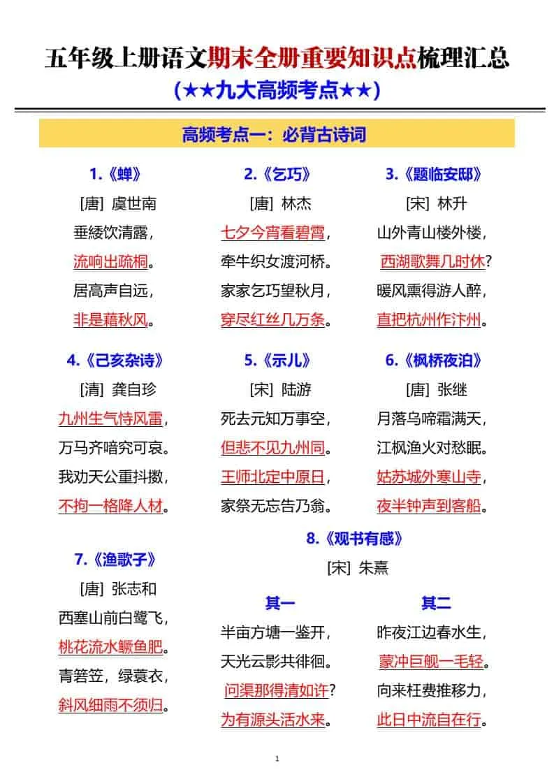 G五年级上册语文期末全册重要知识点梳理汇总-方舟智库