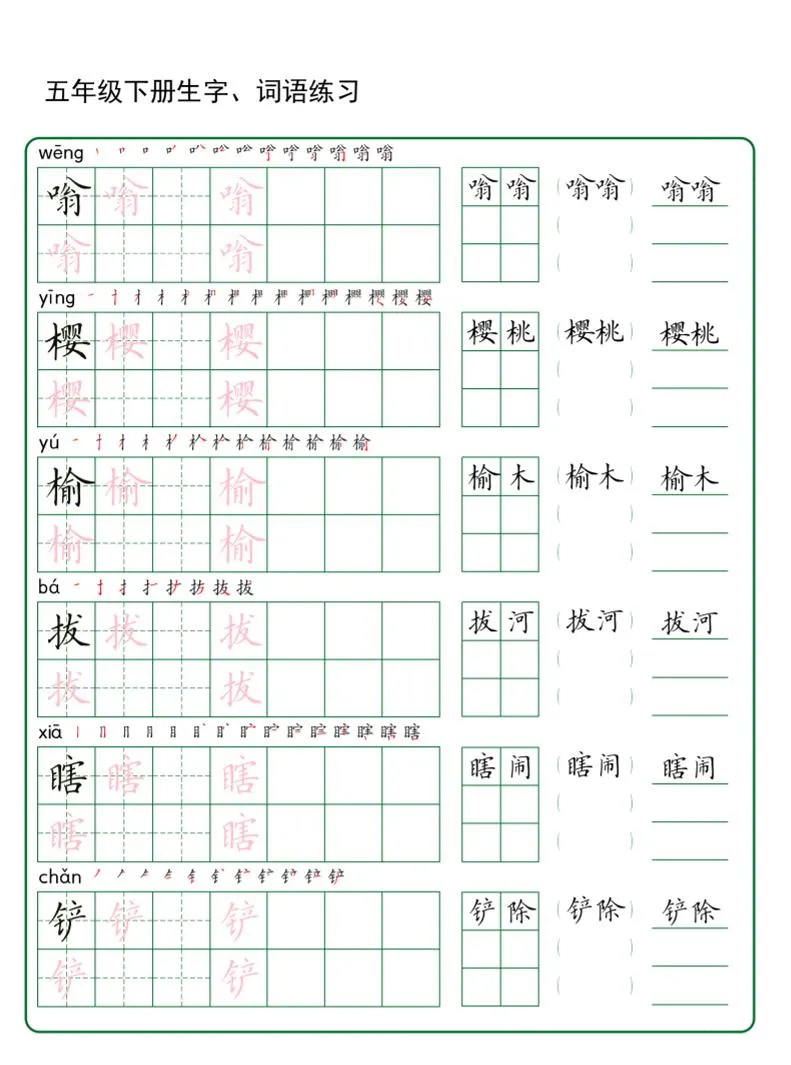 五年级下册语文生字词语练字（秋版）