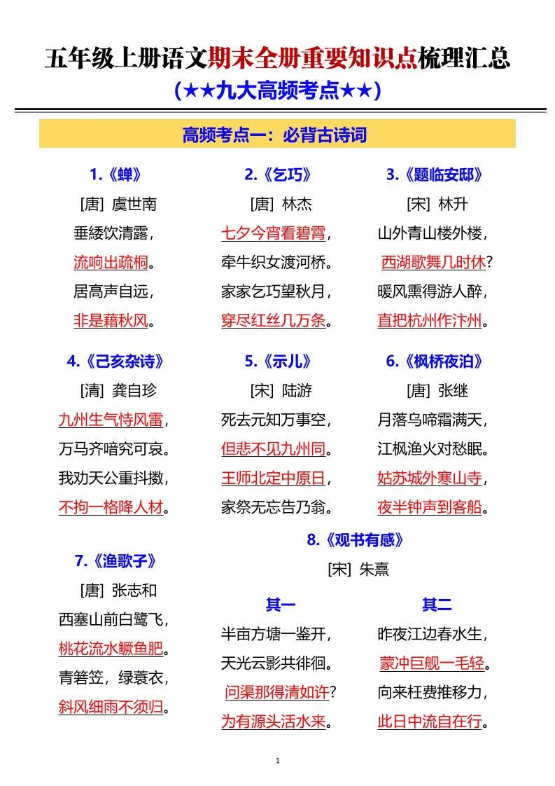 五年级上语文期末全册重要知识点梳理汇总-方舟智库