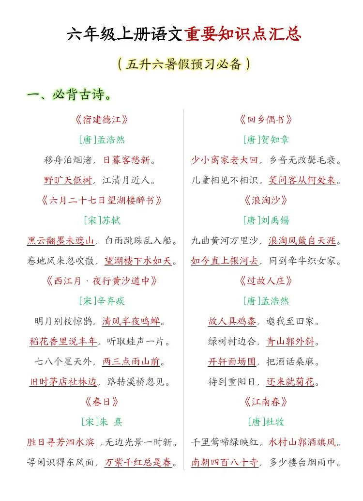 六年级上语文重要知识点汇总-方舟智库